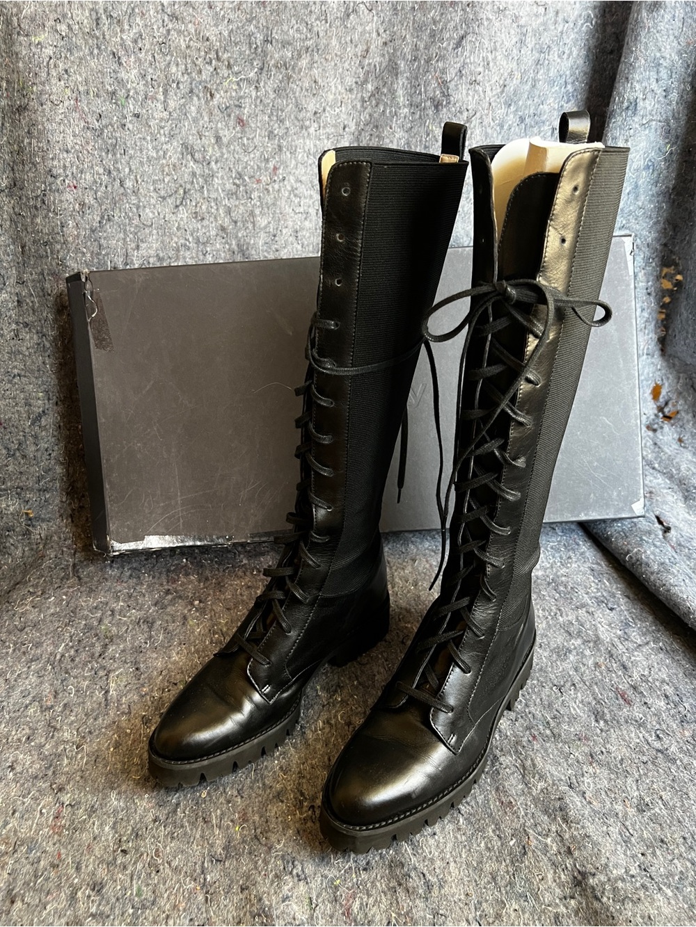 Theory Black Laced Lug Boot - Knee High Combat Boots - Women EU37